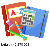 Notebook and pencil with eraser, calculator sign. Mathematical equipment, counting objects, geometry or algebra element, office accessory, school vector. Back to school concept. Flat cartoon. Office Accessory, Notebook and Calculator Vector. Стоковая иллюстрация, агентство Ingram Publishing / Фотобанк Лори