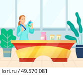 Modern woman buyer choosing household chemical goods in the store. Girl selects fabric softener or washing powder at supermarket, shopping. Vector illustration in flat cartoon style. Woman Choosing Household Chemicals in Store Vector. Стоковая иллюстрация, агентство Ingram Publishing / Фотобанк Лори