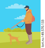 Huntsman with rifle and hunting dog pointer isolated. Vector bearded man and puppy purebred for hunt, pedigree hound or retriever in flat style. Hunting Dog Pointer Isolated Cartoon Animal Vector. Стоковая иллюстрация, агентство Ingram Publishing / Фотобанк Лори