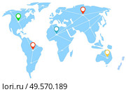 Map with location pointers connected with lines, continents with countries and geotag. Connection and international communication worldwide. Delivery in different country. Vector in flat cartoon style. International Business Relations Map with Signs. Стоковая иллюстрация, агентство Ingram Publishing / Фотобанк Лори