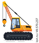 Crane machinery used in building process vector, industrial machine with hook lifting items and transporting heavy objects. Transport mover lifter. Crane with Hook to Lift and Transport Items Vector. Стоковая иллюстрация, агентство Ingram Publishing / Фотобанк Лори