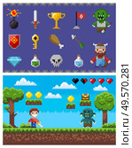 Pixel game landscape scene vector, isolated set of icons, bomb and sword, viking and zombie, flag and elixir in bottle, key and shield. Scene of battle in pixelated game. Pixel objects for video-game. Pixel Game Elements and Icons, Landscape with Hero. Стоковая иллюстрация, агентство Ingram Publishing / Фотобанк Лори