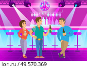 Drinking people talking in club, rest and relaxation in evening. Man and woman leading conversation, bottle of beer in hands, clubbers smiling. Vector illustration in flat cartoon style. Company of People Clubbing and Partying Drinking. Стоковая иллюстрация, агентство Ingram Publishing / Фотобанк Лори