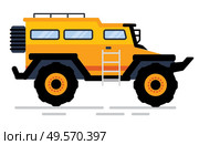 Off-road car in yellow color, side view of suv with stairs and trick, construction equipment. Automobile with big wheels, rally auto, transportation. Vector illustration in flat cartoon style. Auto with Big Wheels and Stairs, Yellow Suv Vector. Стоковая иллюстрация, агентство Ingram Publishing / Фотобанк Лори
