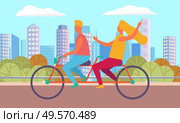 Couple cycling in city, girlfriend and boyfriend driving near buildings. People on bicycle outdoor, man and woman activity, lovers biking on street. Vector illustration in flat cartoon style. Man and Woman on Bicycle in City, Activity Vector. Стоковая иллюстрация, агентство Ingram Publishing / Фотобанк Лори