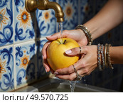 Женщина с яблоком под струей воды на фоне керамической плитки / A woman with an apple under running water on a tile background. Стоковое AI-изображение, AI-художник Валерий Лукин / Фотобанк Лори