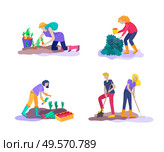 Harvesting and gardening people doing farming and garden job, pick berries, remove weeds, watering, planting, growing and transplant sprouts, lay ripe vegetables to box. Reaping crop concept. Harvesting and gardening people doing farming and garden job, pick berries, remove weeds, watering, planting, growing and transplant sprouts, lay ripe vegetables to box. Reaping crop. Стоковая иллюстрация, агентство Ingram Publishing / Фотобанк Лори