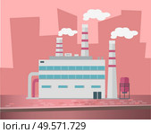 Industrial enterprises vector, cityscapes and cities with factories. Smoke and fumes from pipes, industry development, manufacture old town structure. Urbanscape road Building of factory. Flat cartoon. Factories and Enterprises, Industry Manufacturing. Стоковая иллюстрация, агентство Ingram Publishing / Фотобанк Лори