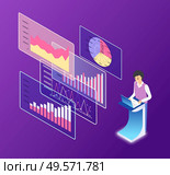 Working person with information vector, structures and diagrams with numeric info, data on board, flowcharts with timeline and colored parts segments 3d isometric. Person with Information on Digital Screens Vector. Стоковая иллюстрация, агентство Ingram Publishing / Фотобанк Лори