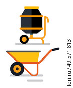 Construction items, isolated cement mixer and loader. Carriage for transportation of materials, instruments and tools for building container. Vector illustration in flat cartoon style. Cement Mixer and Carriage Loader Cart Construction. Стоковая иллюстрация, агентство Ingram Publishing / Фотобанк Лори