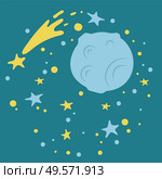 Meteor or planet with milky way and stars, space with round comet and wye, solar system on blue, cover decorated by starry space and asteroid. Vector illustration in flat cartoon style. Starry Space and Comet, Stars and Asteroid Vector. Стоковая иллюстрация, агентство Ingram Publishing / Фотобанк Лори
