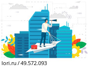 Businessman leader, man standing on paper plane holding ropes. Male looking forward, success of character in city, cityscape with foliage leaf. Vector illustration in flat cartoon style. Leader on Paper Plane in City, Business Ambitions. Стоковая иллюстрация, агентство Ingram Publishing / Фотобанк Лори
