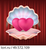 Couple of hearts in seashell, symbol of feelings on red curtain. Valentine or wedding postcard, amour sign, romantic logo, newlyweds love in shell vector. Red curtain theater background. Valentine Postcard, Heart in Seashell, Love Vector. Стоковая иллюстрация, агентство Ingram Publishing / Фотобанк Лори