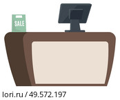 Cashiers table with computer and techniques, isolated desk with modern devise. Sale banner or bag, shopping and buying products in store shop. Vector illustration in flat cartoon style. Counter with Computer for Counting, Cashier Desk. Стоковая иллюстрация, агентство Ingram Publishing / Фотобанк Лори