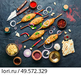 Juicy lula kebab made from meat.Shish kebab on a stick. Lula kebab on stick. Стоковое фото, агентство Ingram Publishing / Фотобанк Лори