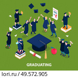 Graduating students concept with education symbols isometric isolated vector illustration. Стоковая иллюстрация, агентство Ingram Publishing / Фотобанк Лори