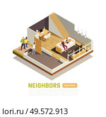Two level house owners friendly relations with neighbors visiting with a treat isometric composition vector illustration. Стоковая иллюстрация, агентство Ingram Publishing / Фотобанк Лори