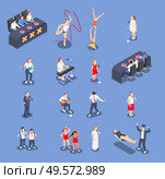 Isometric icons set with performing talent show contestants and judges isolated on blue background 3d vector illustration. Стоковая иллюстрация, агентство Ingram Publishing / Фотобанк Лори