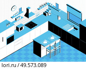 Isometric kitchen composition with indoor scenery table and walls with cabinets and kitchenware sink and oven vector illustration. Стоковая иллюстрация, агентство Ingram Publishing / Фотобанк Лори