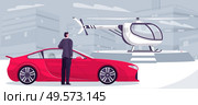 Millionaire transport composition with urban cityscape background and doodle man with sport car and helicopter pad vector illustration. Стоковая иллюстрация, агентство Ingram Publishing / Фотобанк Лори