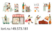 Footwear designer shoemaker shop window display customer purchased pumps shoes care cleaning flat compositions set vector illustration. Стоковая иллюстрация, агентство Ingram Publishing / Фотобанк Лори