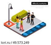 Black lives matter movement racial injustice street protesters confront police isometric background composition vector illustration. Стоковая иллюстрация, агентство Ingram Publishing / Фотобанк Лори