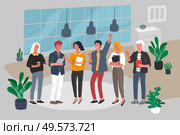 Office or coworking interior workers communicating. Group of young trendy people take brake at work or teamwork meeting. Startup company at workplace. Vector cartoon concept. Office or coworking interior workers communicating. Group of young people take brake at work or teamwork meeting. Startup company at workplace. Vector cartoon. Стоковая иллюстрация, агентство Ingram Publishing / Фотобанк Лори