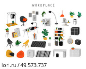 Set for workplace or home office with stylish comfy furniture and modern home decorations in trendy Scandinavian or hygge style. Cozy Interior furnished home plants. Flat cartoon vector illustration. Set for workplace or home office with stylish comfy furniture and modern home decorations in trendy Scandinavian or hygge style. Cozy Interior furnished home plants. Flat cartoon vector. Стоковая иллюстрация, агентство Ingram Publishing / Фотобанк Лори
