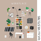 Set for workplace or home office with stylish comfy furniture and modern home decorations in trendy Scandinavian or hygge style. Cozy Interior furnished home plants. Flat cartoon vector illustration. Set for workplace or home office with stylish comfy furniture and modern home decorations in trendy Scandinavian or hygge style. Cozy Interior furnished home plants. Flat cartoon vector. Стоковая иллюстрация, агентство Ingram Publishing / Фотобанк Лори
