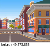 Town with buildings and empty street, 3d look of city road and houses. Bushes and trees, greenery cityscape. Skyline, crossroad with zebra. Cityscape with houses facades. Ubran landscape. Flat cartoon. Modern City Street, Realistic Tranquil Town Look. Стоковая иллюстрация, агентство Ingram Publishing / Фотобанк Лори