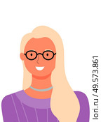 Blonde woman portrait view, vector cartoon character in glasses and purple sweater. Business lady, userpic of online consultant or helper, female avatar. Blonde Woman Portrait, Vector Online Consultant. Стоковая иллюстрация, агентство Ingram Publishing / Фотобанк Лори