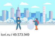 Children standing and playing together in winter urban park. Kids sculpting snowman from three different sized snowballs. Beautiful snowy landscape on background. Vector illustration in flat style. Children Sculpting Snowman in Winter City Park. Стоковая иллюстрация, агентство Ingram Publishing / Фотобанк Лори