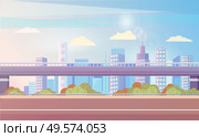 Streets and highways of big city vector, flat urban area. Bushes and greenery of town, bridge and skyscrapers, realistic metropolitan exterior scenery. Highway overpass and city skyline in sunlight. Cityscape City with Skyscrapers and Bushes Streets. Стоковая иллюстрация, агентство Ingram Publishing / Фотобанк Лори