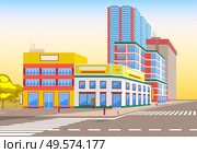 Town with buildings and empty street, 3d look of city road and houses. Bushes and trees, sunshine cityscape. Skyline, crossroad with zebra. Cityscape with houses facades. Ubran landscape. Flat cartoon. Modern City Street, Realistic Tranquil Town Look. Стоковая иллюстрация, агентство Ingram Publishing / Фотобанк Лори