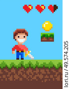 Hero with sword smiling man pixel game vector, character in battle. Arcade with life scale in form of hearts, coin on ground gold money points score. Heroic Man Character of Pixel Game with Sword. Стоковая иллюстрация, агентство Ingram Publishing / Фотобанк Лори