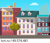City street vector, empty town with old houses and buildings with fancy rooftops. Urban area residential constructions, skyscrapers and tree decor. Cityscape with houses facades. Flat cartoon. Cityscape with Empty Street and Green Tree Plant. Стоковая иллюстрация, агентство Ingram Publishing / Фотобанк Лори