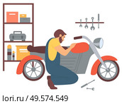 Man at mechanics shop vector, person fixing motorcycle, hobby of male in garage with tools. Person tunning motorbike, transport fixation machinery interest. Man Repairing Motorbike, Motorcycle Fixing Vector. Стоковая иллюстрация, агентство Ingram Publishing / Фотобанк Лори