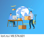 Cargo delivery abroad vector, people working with shipment and parcels packaging, man holding package working on laptop, globe image and text. Illustration for delivering website in flat style. We Deliver Your Cargo Anywhere in World Website. Стоковая иллюстрация, агентство Ingram Publishing / Фотобанк Лори