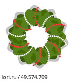 Decorating for Christmas celebration vector. Isolated wreath made of pine tree branches and colorful garlands or tape. Xmas decor, new year preparation. Foliage of firtree for winter holidays. Wreath with Garlands Christmas Decoration Icon. Стоковая иллюстрация, агентство Ingram Publishing / Фотобанк Лори