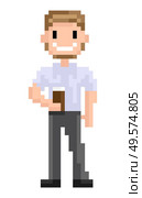Bearded man standing with cup of hot coffee or tea vector, isolated pixel character hipster style of person pixelated male smiling personage of game. 8bit superhero for business app or video game. Hipster Pixel Character With Cup of Coffee Vector. Стоковая иллюстрация, агентство Ingram Publishing / Фотобанк Лори