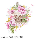 Watercolor card with skulls and different flowers. Illustration. Watercolor card with skulls and different flowers. . Стоковое фото, агентство Ingram Publishing / Фотобанк Лори