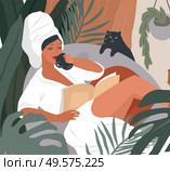 Happy cute girl with towel on head and in bathrobe, drinks coffeeor tea in morning after bathing, read the newspaper and resting with cat. Feminine Daily life by young woman with homeplant. Happy cute girl with towel on head and in bathrobe, drinks coffeeor tea in morning after bathing, read the newspaper and resting with cat. Feminine Daily life by young woman with. Стоковая иллюстрация, агентство Ingram Publishing / Фотобанк Лори