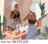 Cute girl with towel on head care for her skin after bathing, cleanses face and makeup. Feminine Daily life by young woman in bathroom interior with homeplants. Cartoon vector illustration. Happy cute girl having breakfast in the morning after bath, read the newspaper and resting with cat. Feminine Daily life by young woman in home interior with homeplants. Cartoon vector. Стоковая иллюстрация, агентство Ingram Publishing / Фотобанк Лори