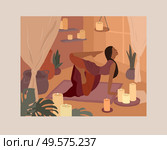 Cute girl doing yoga poses. Lifestyle by young woman in home interior with homeplants. Fashion illustration by femininity, beauty and mental health. Feminine cartoon illustration. Cute girl doing yoga poses. Lifestyle by young woman in home interior with homeplants. Fashion illustration by femininity, beauty and mental health. Feminine cartoon. Стоковая иллюстрация, агентство Ingram Publishing / Фотобанк Лори