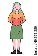 Lady singing Christmas carol songs or prayers. Young woman read text of song from vector red book in her hands. Person with green hair in shirt and skirt isolated on white background, minimalism. Man Sing Song or Christmas Carol, Isolated Person. Стоковая иллюстрация, агентство Ingram Publishing / Фотобанк Лори