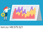Woman standing with gearwheel near statistics chart and looking on it. Graphs on board. Business tools for innovations and cooperation. Vector illustration flat style. Woman Standing near Statistics Chart, Data Graph. Стоковая иллюстрация, агентство Ingram Publishing / Фотобанк Лори