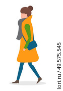 Woman with vector handbag walking on pathway alone. Lady in warm clothes like scarf and overcoat. Brunette strolling in winter or autumn, cold weather illustration. Isolated person on white, side view. Woman Walking Alone in Warm Clothes, Cold Weather. Стоковая иллюстрация, агентство Ingram Publishing / Фотобанк Лори