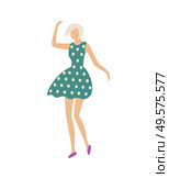 Woman in club having fun vector, person wearing dress with polka dot print moving with music rhythms, blonde feminine lady clubbing. Nightlife of girl. Dancing Woman in Dress with Polka Dot Print Vector. Стоковая иллюстрация, агентство Ingram Publishing / Фотобанк Лори