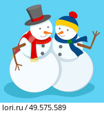 Two happy snowmen together on blue background. Unreal characters from snowballs and dressed in hats and scarfs. Carrot nose located on face, head snow ball. Holiday outside decoration, vector in flat. Snowmen Outside Dressed in Hat and Scarf, Holiday. Стоковая иллюстрация, агентство Ingram Publishing / Фотобанк Лори
