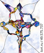 Shards of Belief. Cross of Stained Glass series. Abstract background made of organic church window color pattern on the theme of fragmented unity of Crucifixion of Christ and Nature. Стоковое фото, агентство Ingram Publishing / Фотобанк Лори